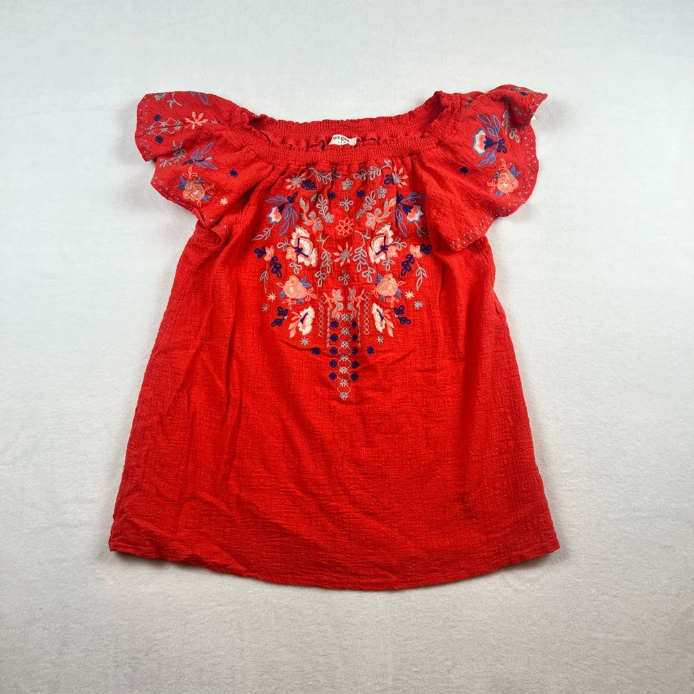 Umgee Embroidered Off-Shoulder Boho Top Women's Small Red Flutter Sleeves